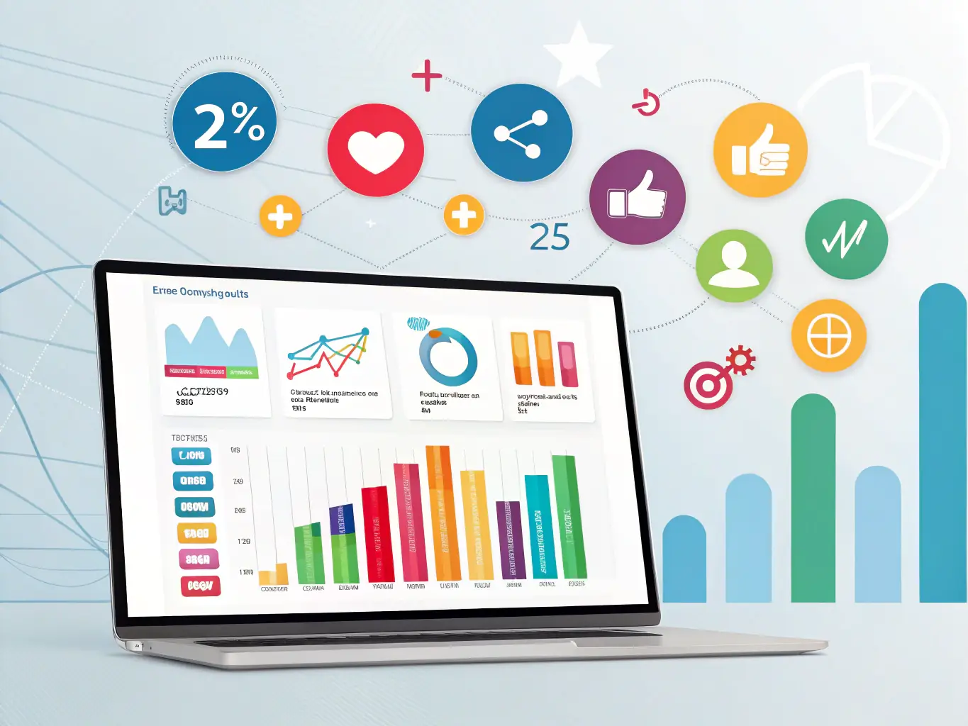 A vibrant image of a social media dashboard displaying engagement metrics, including likes, shares, and comments, with a focus on positive trends.