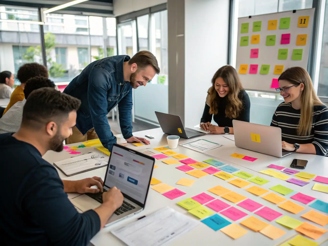 An image showcasing a team brainstorming digital marketing strategies around a table, with laptops and charts visible, set in a modern office environment.